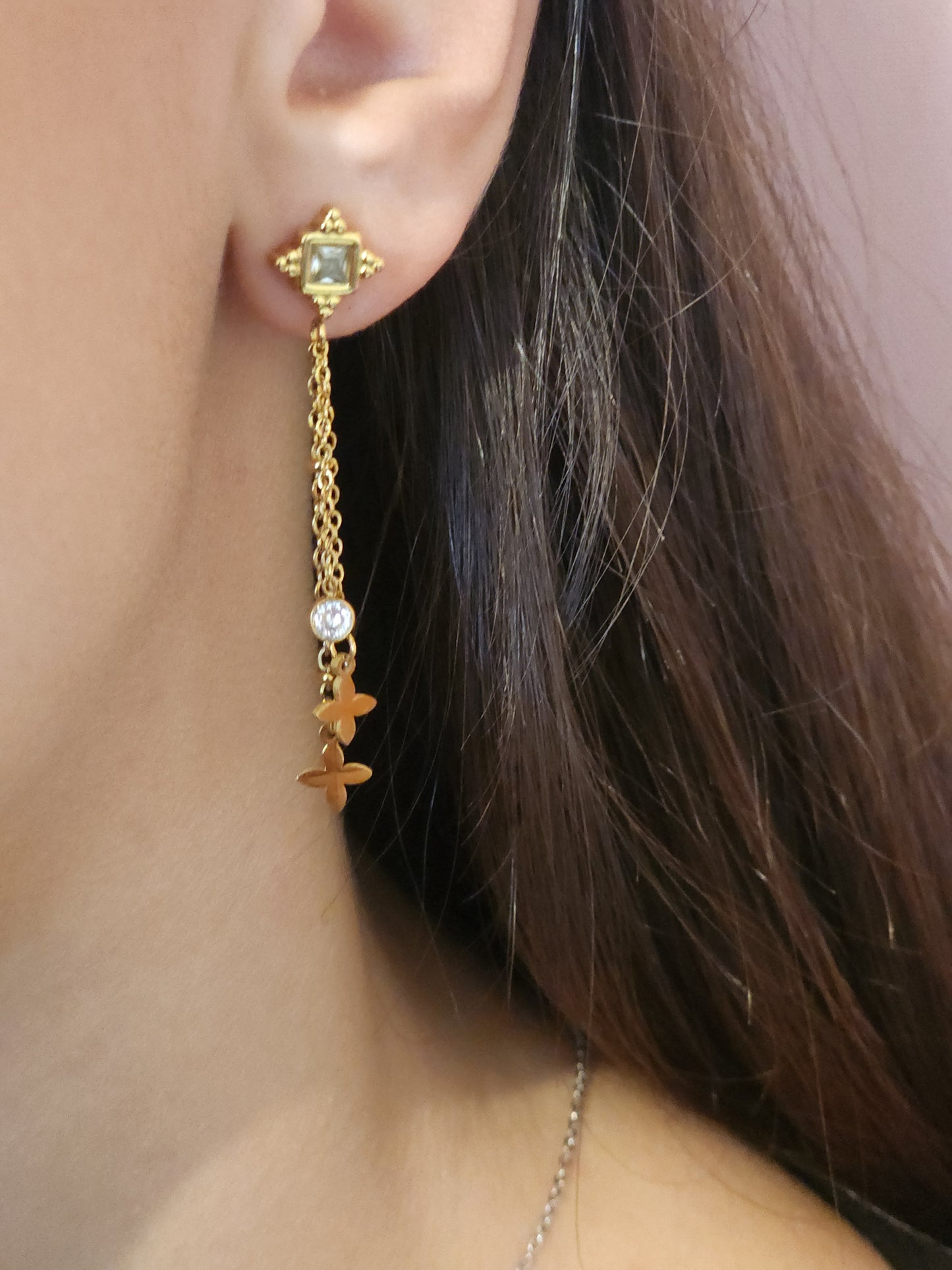 Détail du strass carré et des breloques fleurs colorées des Boucles d'Oreilles Térésa.